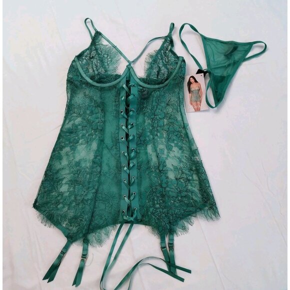Dreamgirl Green Lace Bustier & Thong Set – Size Small – New with Tags - Picture 2 of 15